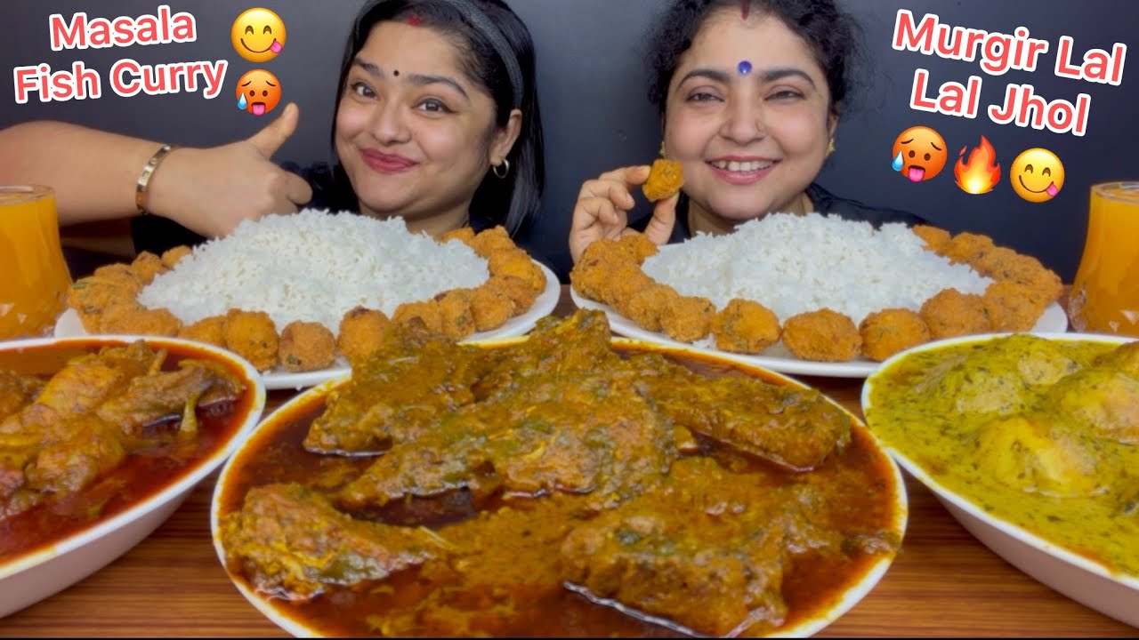MUKBANG WITH MUMMY! MURGIR LAL LAL JHOL, SPICY MASALA FISH CURRY, MUGLAI EGG CURRY WITH RICE, PAKODA