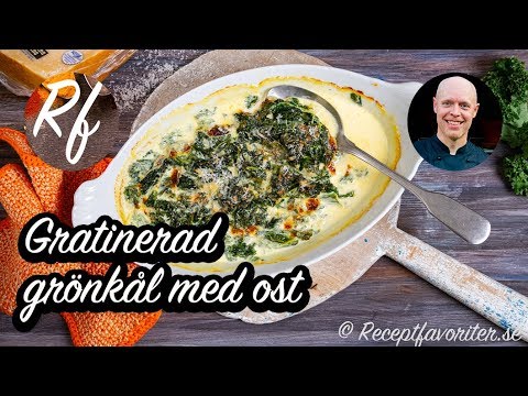 Gratinera strimlad blancherad grönkål med mozzarella-ost, parmesan och grädde. Får god smak av vitlök och schalottenlök. Ett grönsakstillbehör som även är sås.>