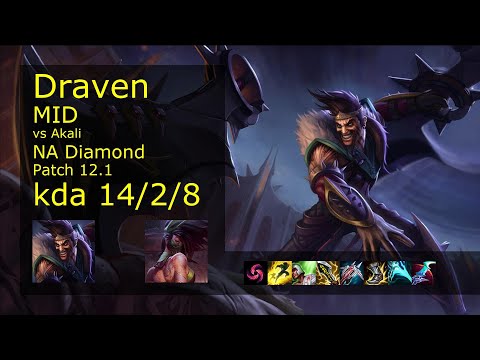 Draven Mid vs Akali - NA 14/2/8 Patch 12.1 Gameplay