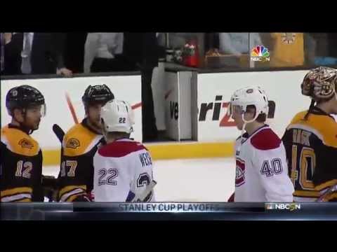 Milan Lucic talks to Dale Weise, Alexei Emelin in handshake line