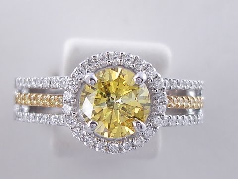 1.32 ctw Round Cut Vivid Yellow Diamond Engagement Ring - BigDiamondsUSA