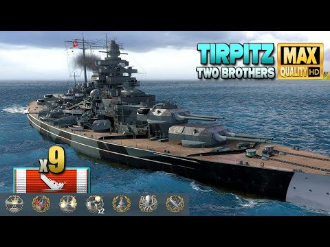 Battleship Tirpitz: 9 ships destroyed on map Two Brothers - World of Warships