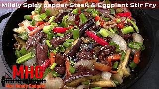 Mildly Spicy pepper Steak and Eggplant Stir Fry | Tender, Juicy Beef