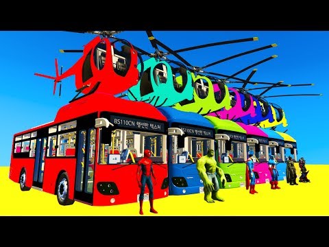 LEARN COLORS Bus Helicopter w Spiderman for Children - Cars Superheroes for Kids