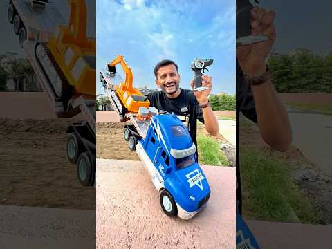 Unboxing remote control transport truck with excavator
