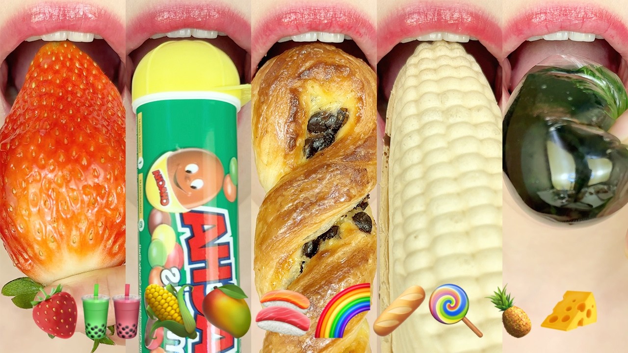 asmr EMOJI FOOD 🍓🧋🧋🌽🥭🍣🌈🥖🍭🍍🧀 이모지 먹방 eating sounds