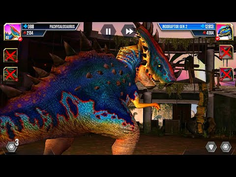 PACHYGALOSAURUS BATTLE OSTAPOSAURUS VS INDORAPTOR GEN 2 | JURASSIC WORLD THE GAME
