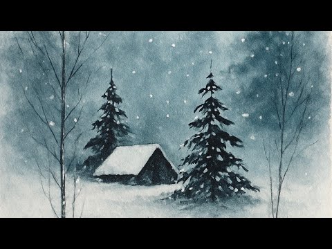 Simple Winter Landscape Watercolor • Snowy Pine Trees & Cabins