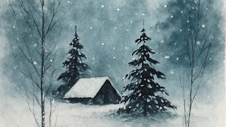 Simple Winter Landscape Watercolor • Snowy Pine Trees & Cabins