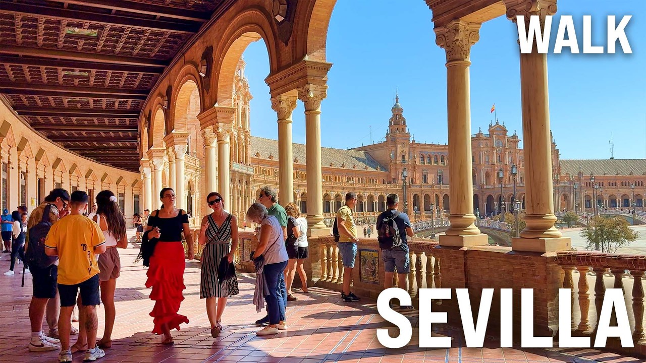 Immersive street-level walking tour through Seville Plaza Espana, Spain, showcasing authentic urban landscapes, local architecture, and the vibrant atmosphere of the city's neighborhoods