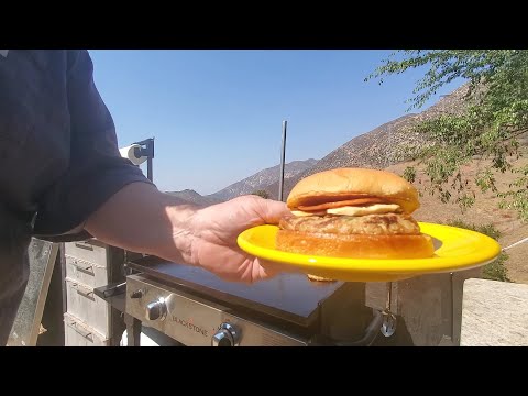 Griddle Porn: Chicken Burgers with Canadian Bacon, Dutch Cheese, and Tomato Spread