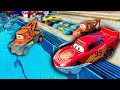 Disney Pixar Cars falling into deep pool, Lightning McQueen, Tow Mater, Mack, Sally, Francesco