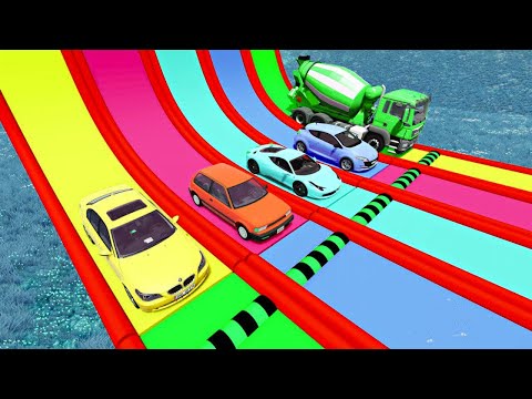 Flatbed Trailer #transport  and Cars vs Portal Trap with Long Slide Color - Car vs Deep Water -