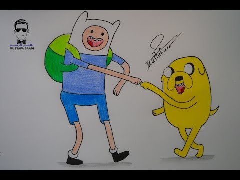 كيفية رسم كرتون وقت المغامرة فين وجايك بالرصاص والالوان الخشبية للأطفال