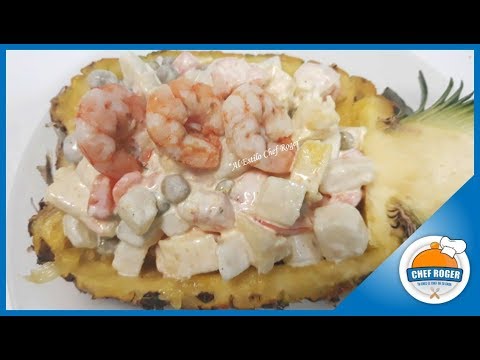 Ensalada rusa con camarones, PIÑA RELLENA DE CAMARONES, #479 | Chef Roger Video