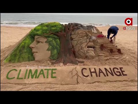 Climate Change Sand Art by Sudarshan Patnaik in Puri Beach