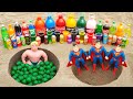 EXPERIMENT: Armstrong vs Superman with Coca Cola, Fanta, Pepsi vs Mentos in Underground Double Hole
