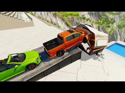Stairs Jumps Down Through Travel Trailer (Camper Trailer) In Pool - BeamNG.drive Down Stairs Jumps