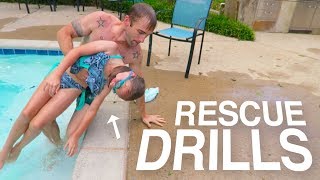 SWIMMING POOL WATER RESCUE DRILLS! PRACTICING SAVING LIVES!