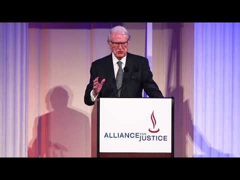 Ambassador William vanden Heuvel speaks at the 2017 Champions of Justice gala