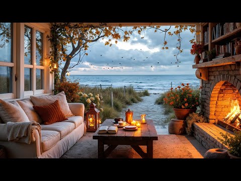 Autumn Beach Cottage with Crackling Fire & Ocean Waves 🌊🔥 | Peaceful Porch Ambience for Relaxation