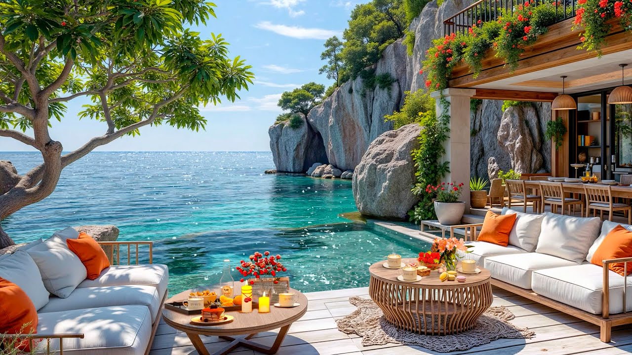 Sweet Bossa Nova Jazz Music & Ocean Wave Sounds at Seaside Cafe Ambience for Good Mood