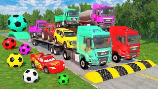 Triple Flatbed Trailer Cars Transportation with Truck - Speedbumps vs Cars vs Train - BeamNG #25
