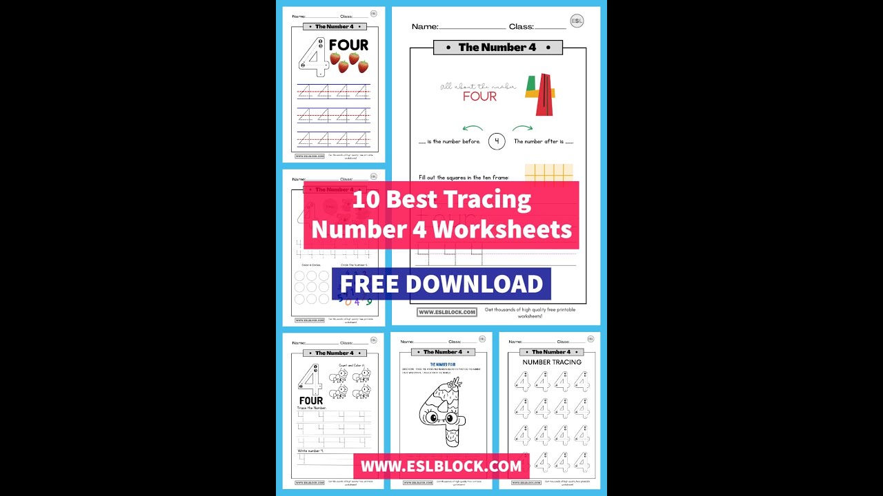 Tracing Number 4 Worksheets