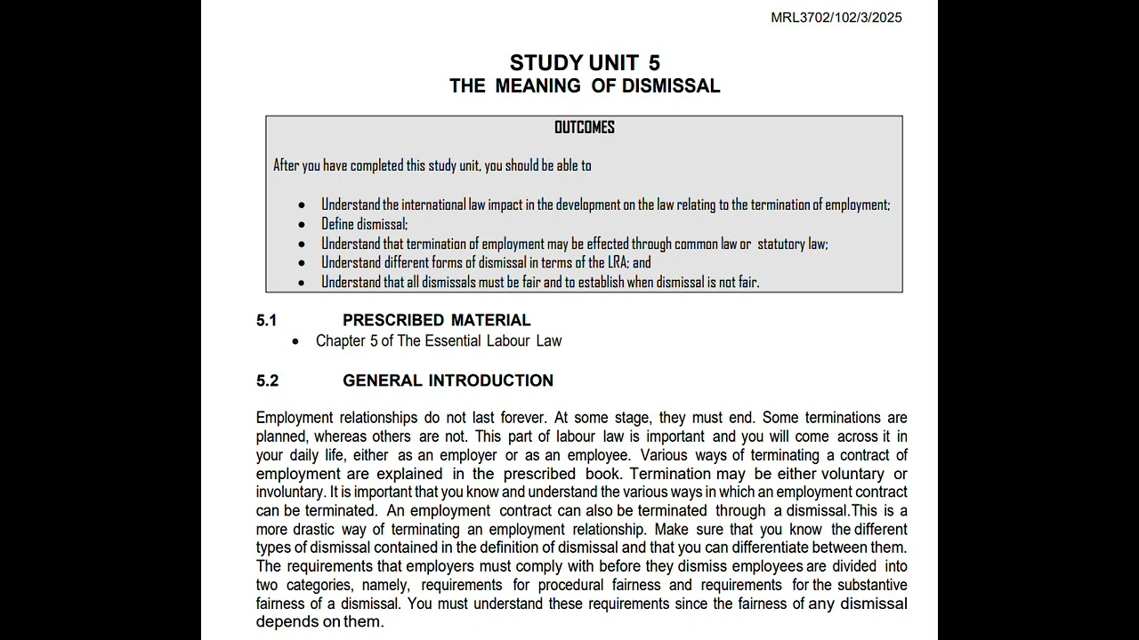 MRL3702 Study Unit 5 The meaning of dismissal UNISA Labour Law