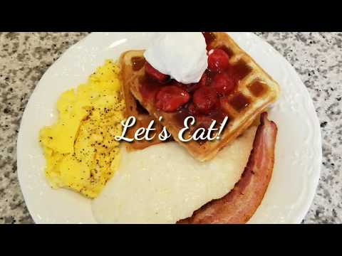 Waffles, Grits, Bacon, Eggs, Strawberry Sauce &...