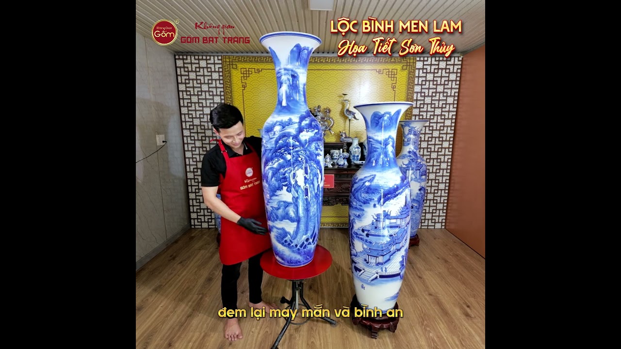 Lộc Bình 1M4 Men Lam Họa Tiết Vẽ Sơn Thủy
