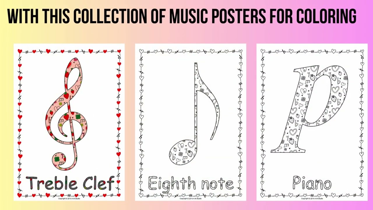 Music Notes & Rests Posters for Coloring | Valentine`s Day Classroom Decorations