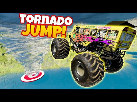 Jumping a MONSTER TRUCK SCHOOL BUS into a TORNADO in BeamNG Drive Mods!