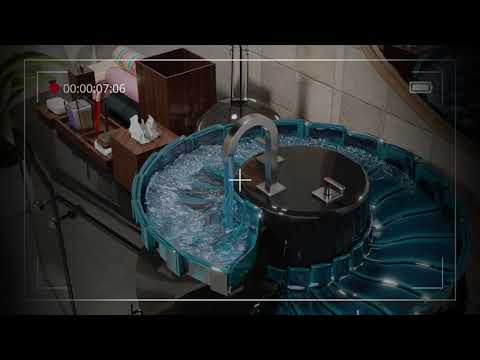 Spiral-shaped sink concept inspired by a shell and 3D water animation with fluid simulation