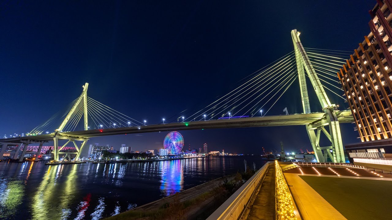 [4K] 天保山大橋 阪神タイガース優勝記念パレード 特別ライトアップ Tempozan Bridge Special Yellow Color Illumination Osaka Japan
