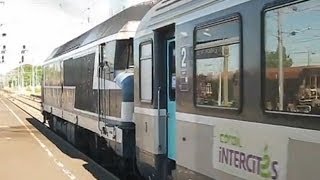 preview picture of video 'France: SNCF Class CC 72000 diesel (no. 72064) departs St Germain des Fosses on a Lyon-Tours train'