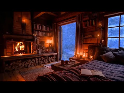 Warming Up in the Cabin During a Winter Storm | Fireplace Sounds & Howling Wind for Sleep