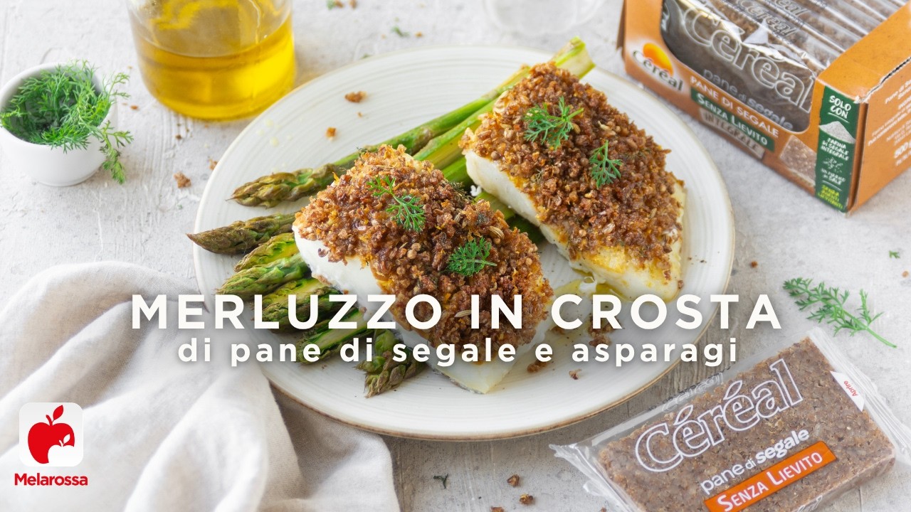 Merluzzo in crosta di pane di segale e asparagi