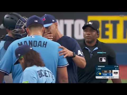 Blue Jays pitching coach Pete Walker ejected after visiting the mound.