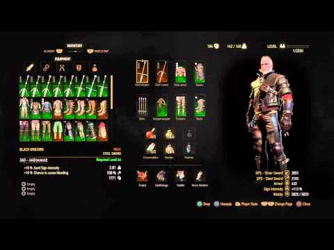The Witcher 3: Wild Hunt Ps4 character level 46 with level 46 silver and steel swords.