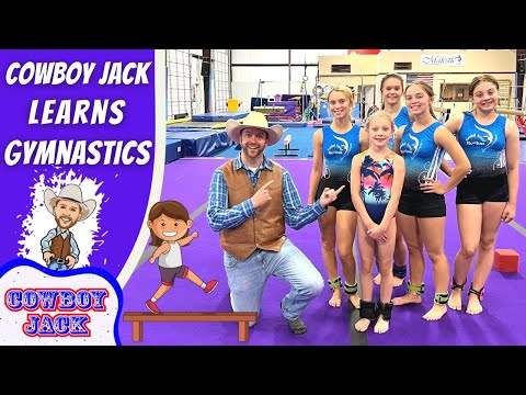 Thumbnail of a cowboy in a hat posing with five young gymnasts on a purple gym floor, with the title 'Cowboy Jack Learns Gymnastics' text on the left panel
