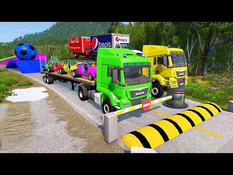 Double Flatbed Trailer Truck vs Speedbumps Train vs Cars Beamng.Drive
