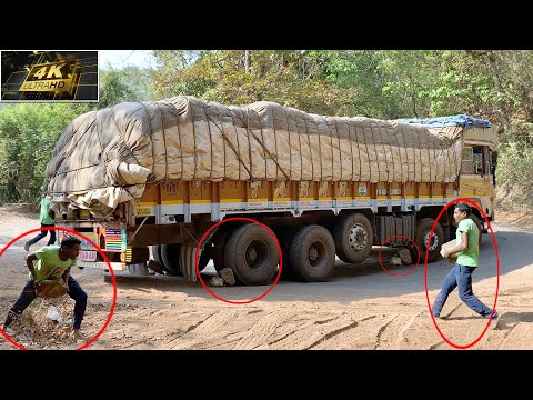 Heavy Loaded Truck Tires Slips While Driving in Ghat Road - Truck Drivers Rescue - Lorry Videos