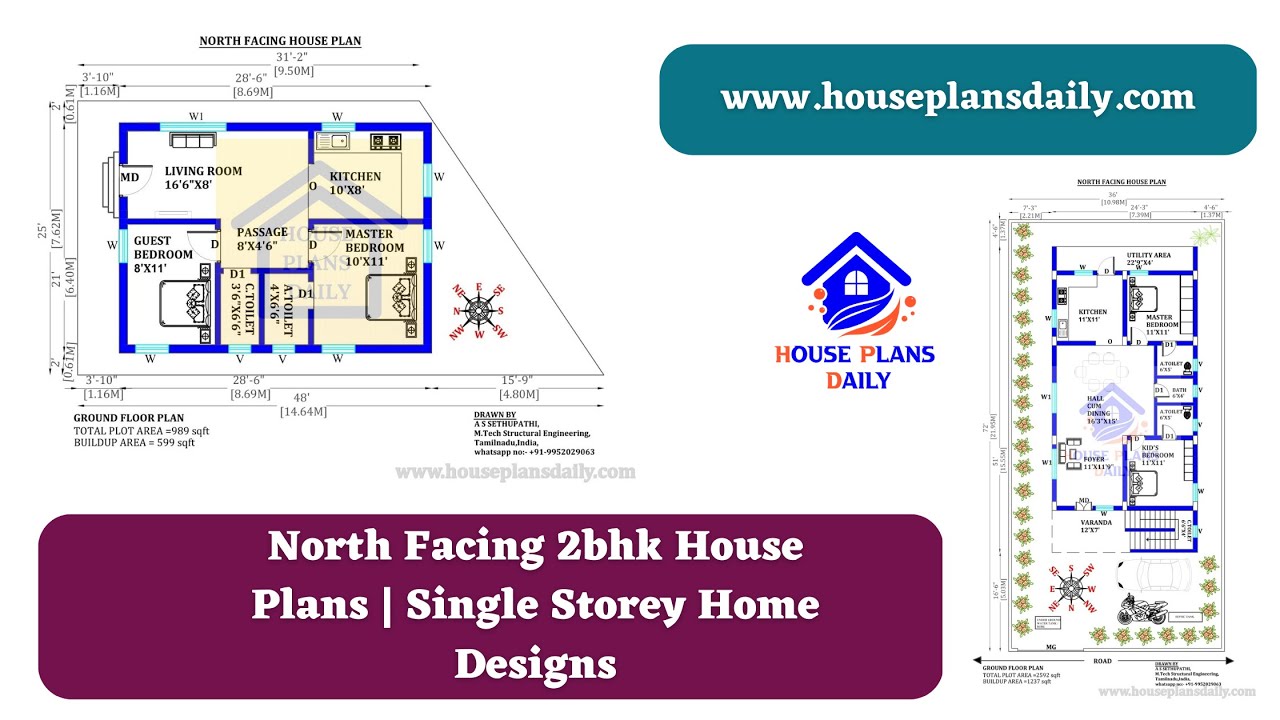 North Facing 2bhk House Plans | Single Storey Home Designs