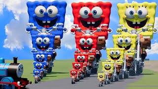 Big & Small: SpongeBob vs Red SpongeBob vs Blue SpongeBob on a motorcycle vs Trains | BeamNG.Drive