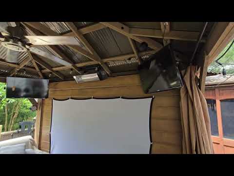 Yardistry Gazebo 10x12 from Costco, privacy wall, projector, tvs, fan, Alexa, lighting and heaters