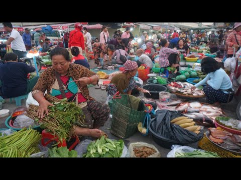 Cambodia Early Morning Street Market - Activities of Vendors Selling Vegetable, Fruit, Fish & More
