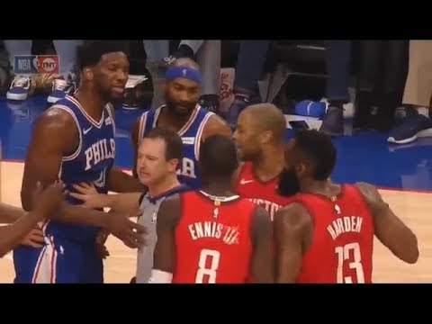 James Harden Wanna Fight Joel Embiid Then Shoves Corey Brewer！（Rockets VS 76ers Lost Control）