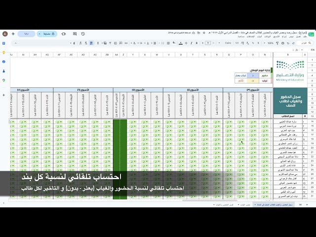 سجل رصد وحصر الغياب والحضور لطلاب الصف في مادة - الفصل الدراسي الأول ١٤٤٨ هـ المنطقة الغربية (قوقل شيت)