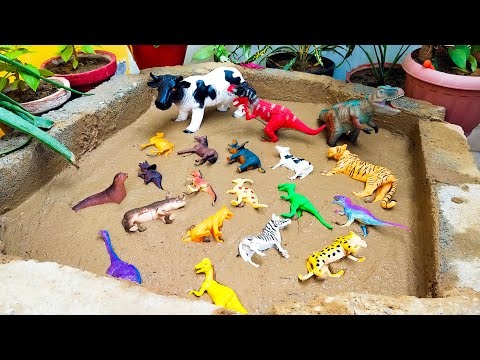 Plastic Toy Dinosaurs Farm Animals Stuck in Dino Mud Allosaurus Cheetah Triceratops Elephant Cow